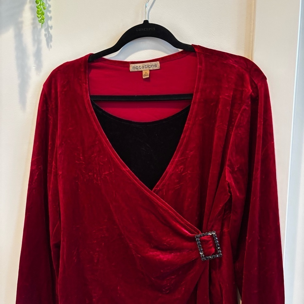 Notations Vintage Red Velvet Euro Long Sleeve Faux Wrap with Tank Women's Top XL - Picture 2 of 10